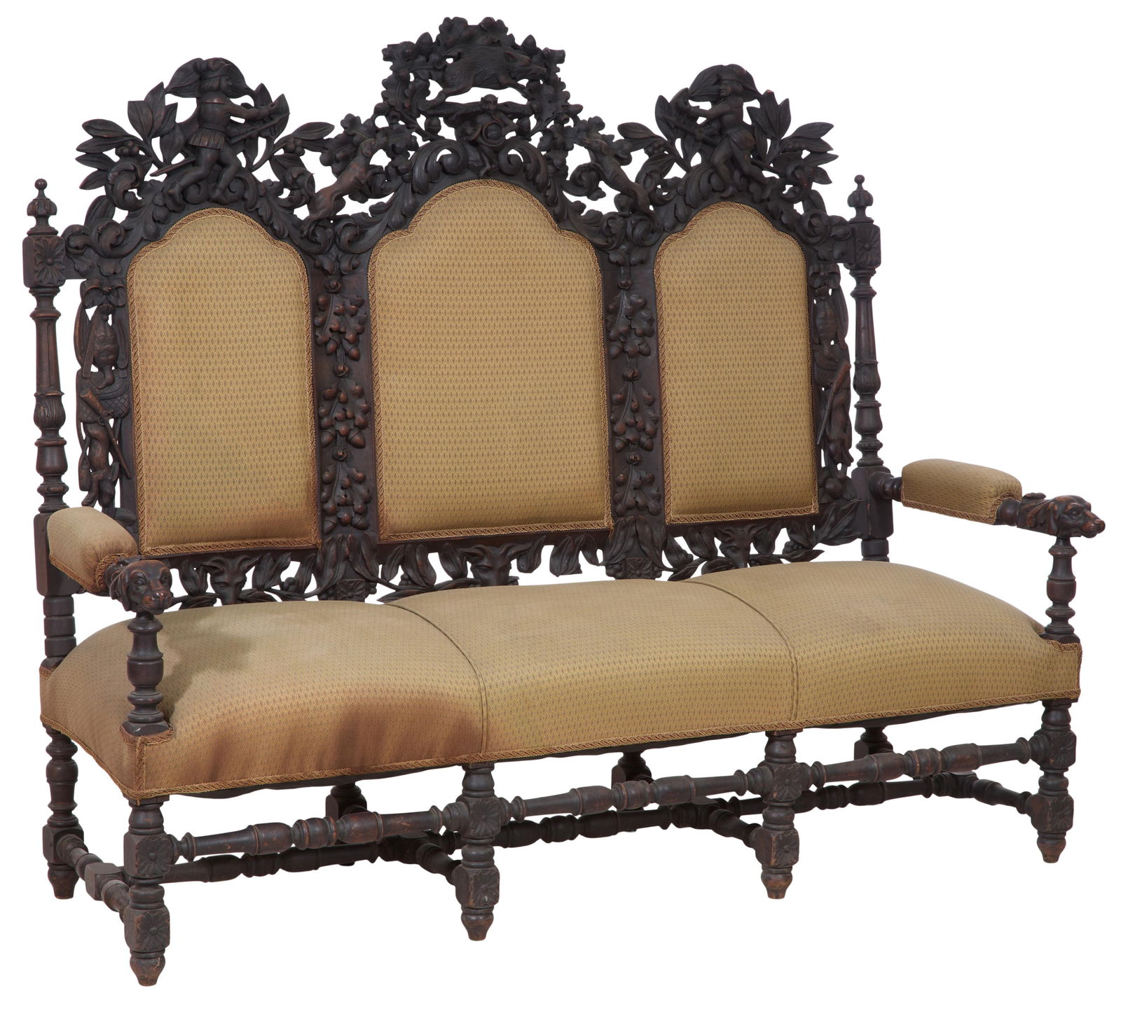 Continental Black Forest Carved Walnut Sofa, late 19th c., H.- 59 in., W.- 72 in., D.- 27 in. (1 of 3)