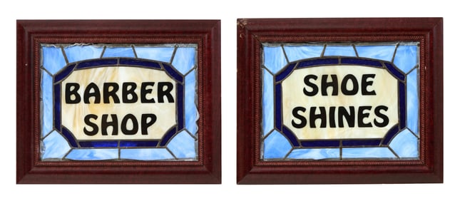 Pair of Stained Glass Signs, "Barber Shop" and "Shoe Shines," 20th Century, Each Sight- H.- 11 5/8