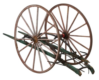 Antique Big Wheel Canon Wagon, 19th c., H.- 51 1/2 in., W.- 36 in., D.- 94 in.