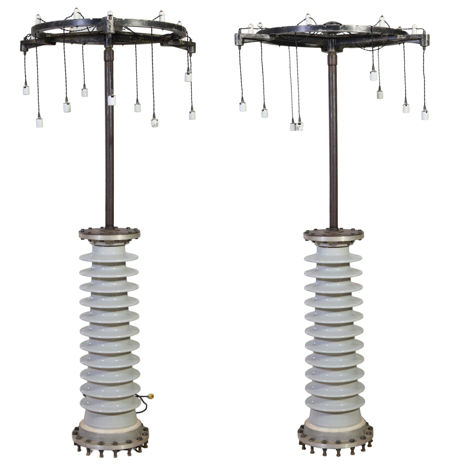 Pair of Unusual "Power Line" Lights, 20th c., Each- H.- 92 in., Dia.- 40 in. (2 Pcs.): Pair of Unusual "Power Line" Lights, 20th c., the floor lamps constructed of large industrial insulators, central stem with round top, eight string hung Edison lights each, electrified, Each- H.- 92 i