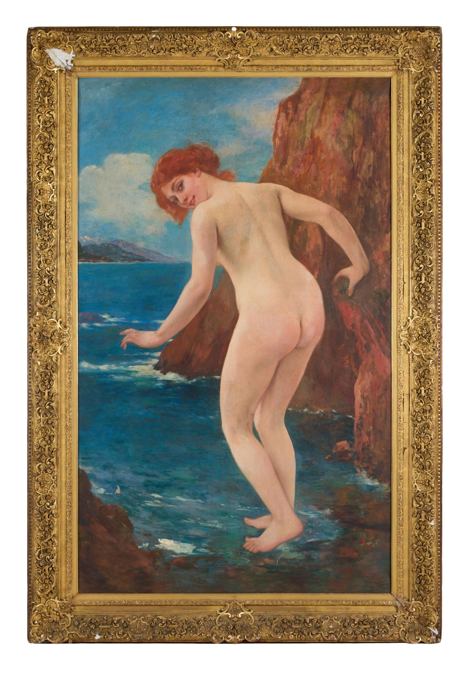 Henry Alfred Gsell (Swiss, 1859-1920), "La Baigneuse," 1914, H.- 72 in., W.- 44 in., Framed- H.- 84: Henry Alfred Gsell (Swiss, 1859-1920), "La Baigneuse," 1914, oil on canvas, signed and dated lower left, presented in a gesso and giltwood frame, H.- 72 in., W.- 44 in., Framed- H.- 84 in., W.- 57 in.