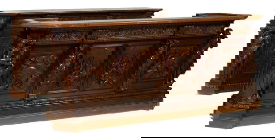 Two Part American Renaissance Figural and Relief Carved Bar, 20th c., Front Bar- H.- 43 in., W.- 106