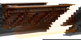 Two Part American Renaissance Figural and Relief Carved Bar, 20th c., Front Bar- H.- 43 in., W.- 106