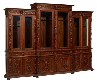 American Renaissance Style Three Section Breakfront Gun Cabinet, 20th c., H.- 105 in., W.- 142 1/2