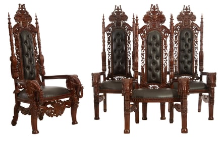 Four Carved Mahogany Elephant Arm Throne Chairs, Indonesia, 20th c., Each- H.- 68 1/2 in., W.- 35
