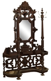 American Renaissance Carved Oak Hall Tree, late 19th c., H.- 92 in., W.- 59 in., D.- 20 in.