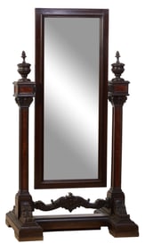 American Late Classical Carved and Burled Walnut Cheval Mirror, late 19th c., H.- 72 in., W. 37 1/2