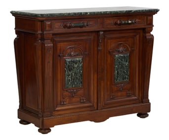 American Neo Greco Vert Marble Mounted Carved Walnut Sideboard, 19th c., H.- 43 1/2 in., W.- 55 1/2