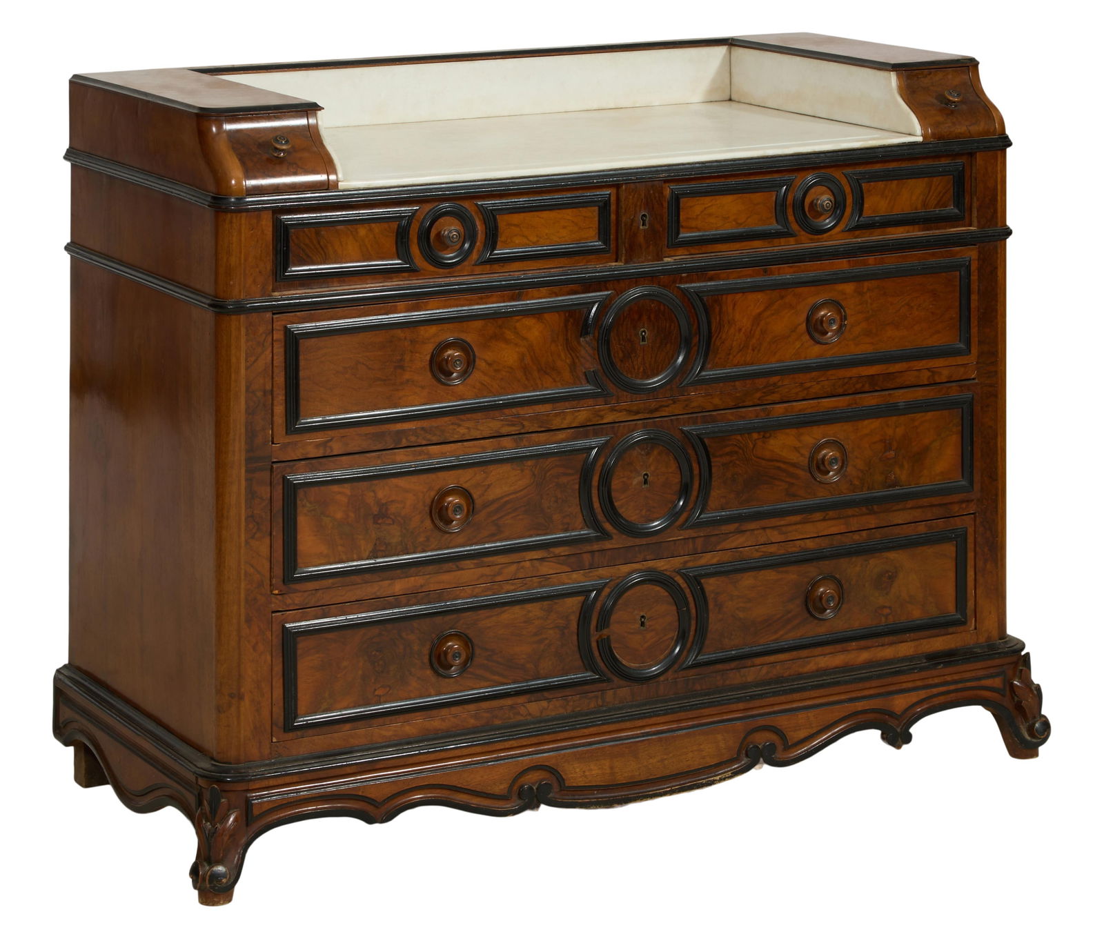 French Napoleon III Marble Top Ebonized Walnut Washstand, late 19th c., H.- 37 in., W.- 46 1/2 in., (1 of 2)