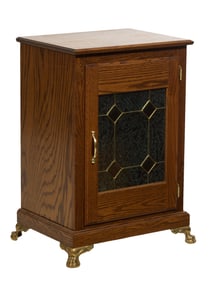 American Oak Brass and Stained Glass Cash Register Stand, 20th c., H.- 34 in., W.- 23 in., D.- 18