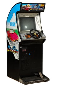 Sega Out Run Upright Arcade Game Cabinet, 1986, H.- 67 1/2 in., W.- 27 in., D.- 33 in.