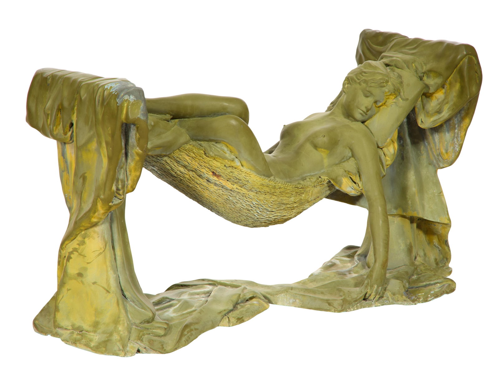 American Patinated Bronze Nude Table Base, Leela Art Productions, 20th c., H.- 29 1/2 in., W.- 50: American Patinated Bronze Nude Table Base, Leela Art Productions, 20th c., female form in a draped hammock, into self base, base marked, H.- 29 1/2 in., W.- 50 in., D.- 22 in. Provenance: The Estate o