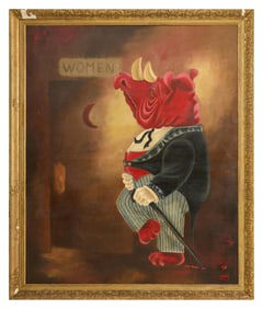 Linda Memmo (American, 20th Century), "Rhino in Ladies Room," 1963, H.- 57 in., W.- 42 in., Framed-