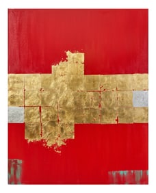 Allen Melton (American/Mississippi, b. 1964), "Red Abstract with Gold and Silver Leaf," H.- 60 in.,
