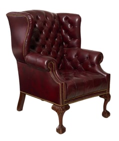 Chippendale Style Tufted Mahogany Wing Chair, 20th c., H.- 40 1/2 in., W.- 34 in., D.- 29 in.