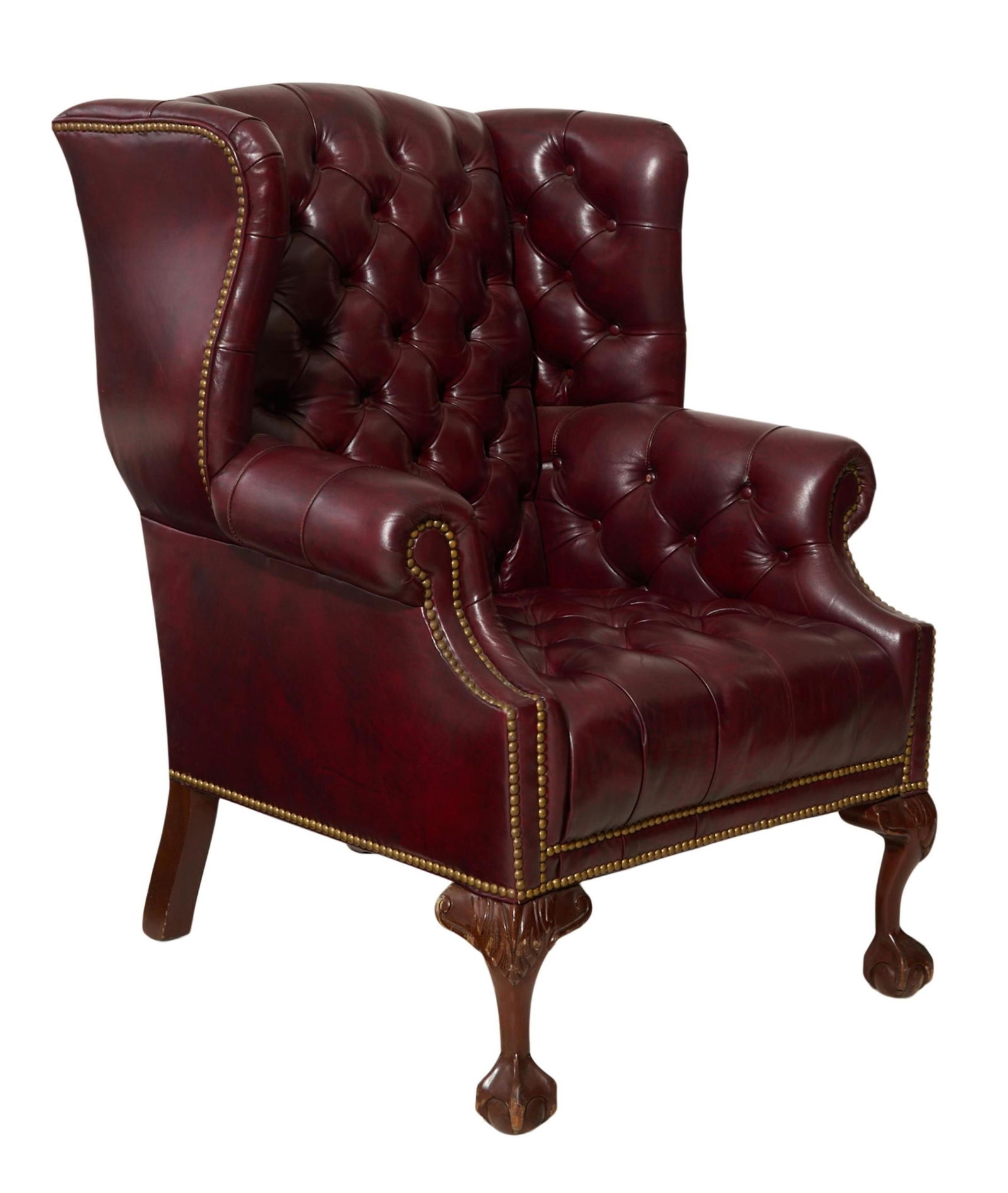 Chippendale Style Tufted Mahogany Wing Chair, 20th c., H.- 40 1/2 in., W.- 34 in., D.- 29 in. (1 of 1)