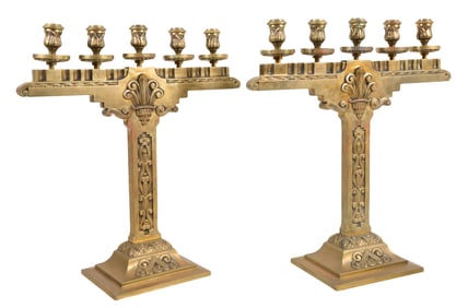 Unusual Pair of Mission Style Gilt Bronze Six Light Candelabra, 20th c., Each- H.- 20 1/2 in., W.-