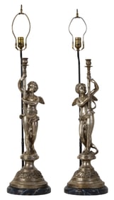 Pair of Impressive Polished Chrome Plated Iron Putti Lamps, early 20th c., Each- H.- 38 1/2 in.,