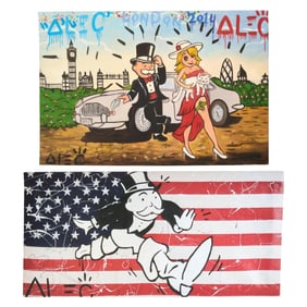 ALEC Monopoly (American/ New York, b. 1986), "Mr. Monopoly with Goldie, London," 2014, and "Mr.