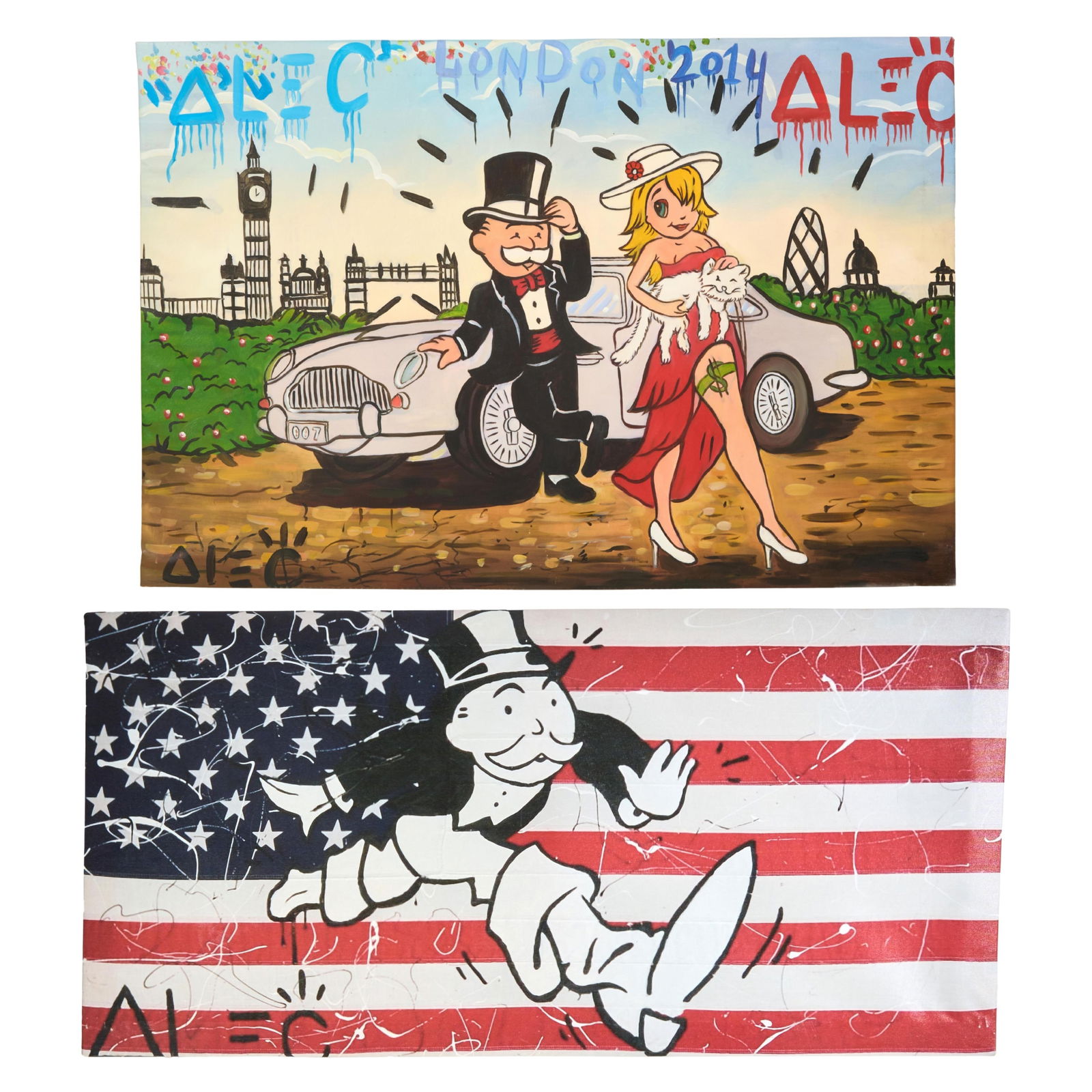 ALEC Monopoly (American/ New York, b. 1986), "Mr. Monopoly with Goldie, London," 2014, and "Mr.: ALEC Monopoly (American/ New York, b. 1986), "Mr. Monopoly with Goldie, London," 2014, and "Mr. Monopoly," the first an enhanced/painted giclee on canvas, signed lower left, titled and dated on top; t