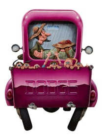 Todd Warner (American/Texas, 1945-2022), "Farmer Family in an Old Fuchsia Dodge Pickup," H.- 60 in.,