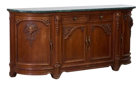 French Belle Epoque Style Marble Top Carved Walnut Sideboard, late 19th c., H.- 39 in., W.- 84 in.,