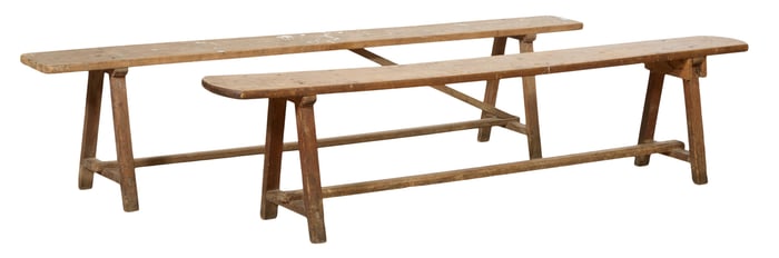 Two French Provincial Pine Benches, early 20th c., Each- H.- 19 in., W.- 80 1/2 in., D.- 8 1/4 in.