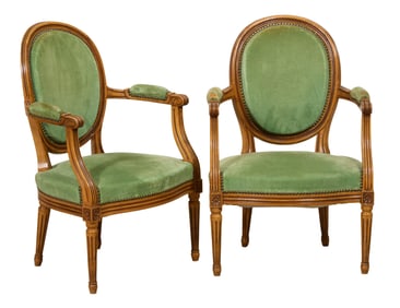 Pair of French Louis XVI Style Fauteuils, late 19th c., Each- H.- 34 in., W.- 22 1/2 in., D.- 19 in.