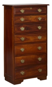 French Provincial Walnut Semainier, 20th c., H.- 51 1/2 in., W.- 28 in., D. 14 3/4 in.