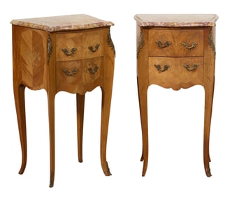 Pair of French Transitional Louis XV/XVI Style Marble Top Parquetry Marquetry Nightstands, 20th c.,