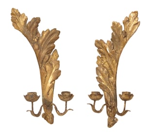 Pair of Italian Giltwood and Gesso Acanthus Carved Two Light Candle Sconces, 19th c., Each- H.- 16
