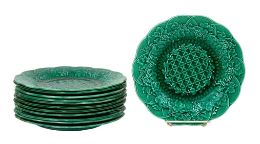 Set of Twelve Green Majolica Wedgwood Relief Fruit Plates, 20th c., Each- H.- 1 1/4 in., Dia.- 9 in.