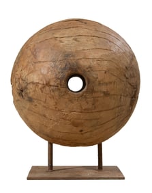 Large Carved Wood Orb, 19th c., Overall- H.- 17 in., Dia.- 13 in., Base- W.- 9 1/2 in., D.- 7 in.
