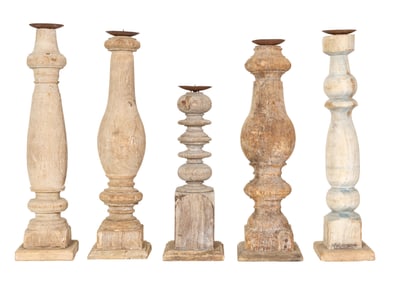 Group of Five Turned Wood Corbels, 30th c., Tallest- H.- 19 3/8 in., W.- 4 3/4 in., D.- 5 in.;