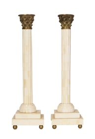 Pair of Unusual Bronze and Bone Clad Classical Candlesticks, 20th c., Each- H.- 16 1/4 in., W.- 5
