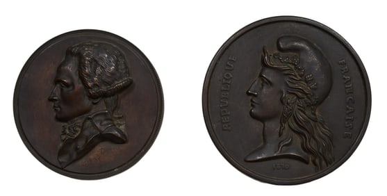 Two Patinated Bronze Bust Plaques, 19th c., Larger- Dia.- 6 1/2 in.; Smaller- Dia.- 5 3/4 in. (2