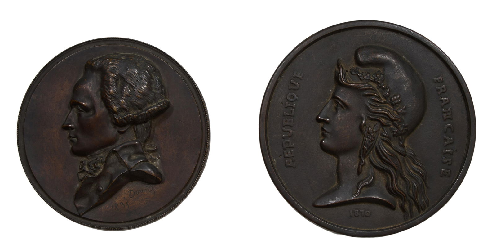 Two Patinated Bronze Bust Plaques, 19th c., Larger- Dia.- 6 1/2 in.; Smaller- Dia.- 5 3/4 in. (2 (1 of 5)