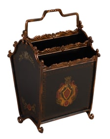 Heraldry Polychromed Metal Magazine Rack, 20th c., H.- 20 in., W.- 12 in., D.- 11 1/4 in.