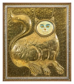 Sergio Bustamonte (Mexican, b. 1949), "Gold Cat," H.- 31 3/4 in., W.- 27 1/2 in., D.- 2 3/4 in.