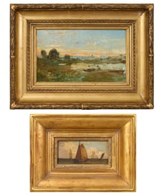 French School (19th Century), "Couple Boating Outside Paris," and "Ships at Sea," c. 1875, First-