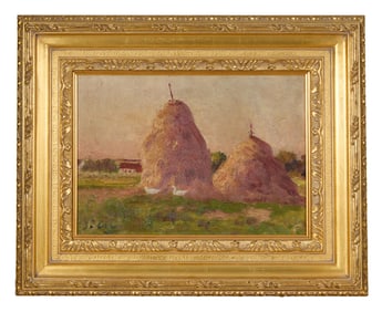 Joseph Caron (Belgian, 1866-1944), "Haystacks," H.- 9 1/4 in., W.- 13 3/4 in., Framed- H.- 16 3/8
