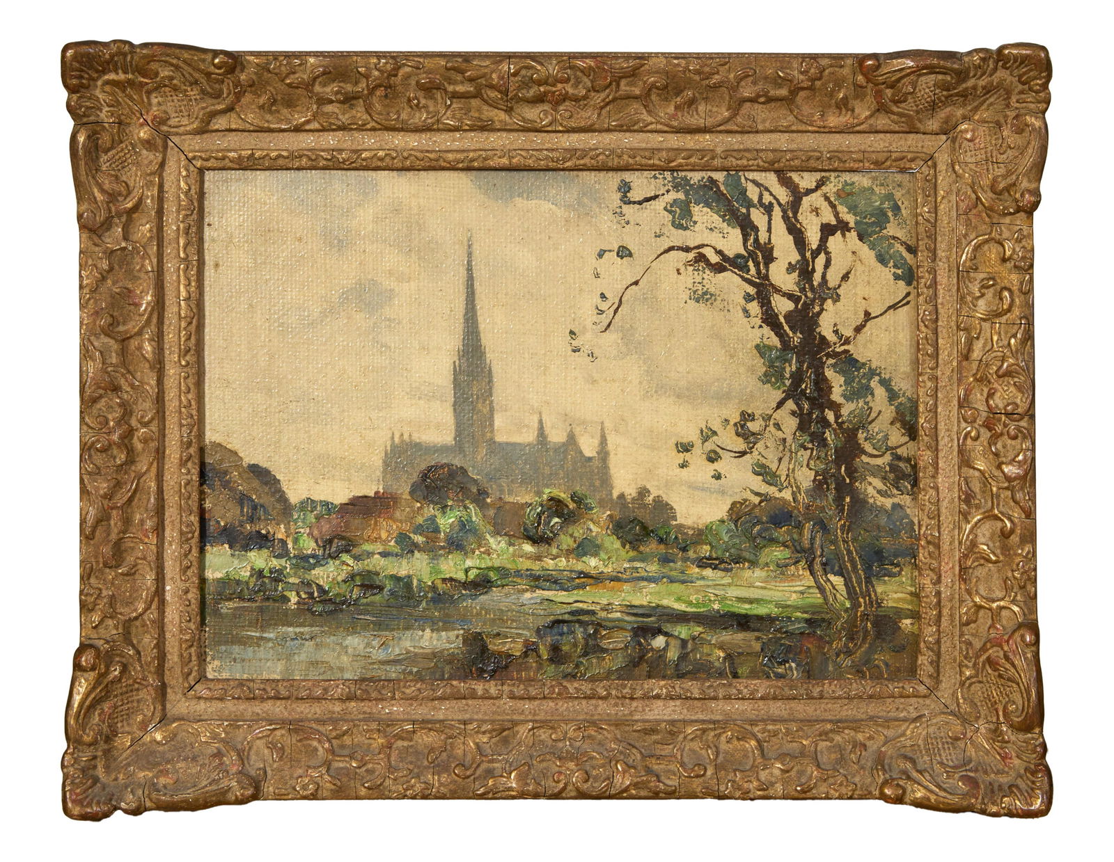 British School (19th Century), "Cathedral Seen from the River, Possibly Salisbury Cathedral," H.- 10: British School (19th Century), "Cathedral Seen from the River, Possibly Salisbury Cathedral," oil on wood panel, "Alfred Stiles and Sons, London" framer's label on frame backing, presented in a giltwo