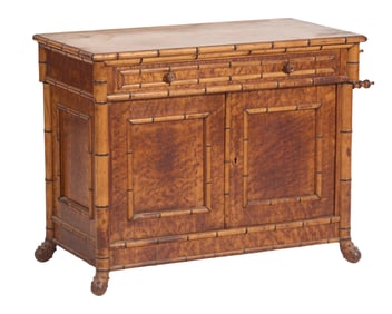 English Faux Bamboo Bird's Eye Maple Dressing Cabinet, mid 19th c., H.- 29 in., W.- 39 in., D.- 19