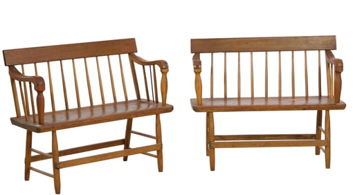Pair of American Pine Windsor Benches, mid 19th c., Each- H.- 32 in., W.- 37 in., D.- 16 in. (2
