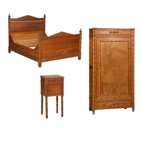 Three Piece English Faux Bamboo Bedroom Set, late 19th c., Armoire- H.- 76 in., W.- 39 in., D.- 17