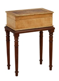 Vintage Gilt Parchment Letter Box on Walnut Stand, 20th c., H.- 23 in., W.- 16 in., D.- 10 in.