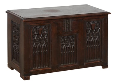 French Renaissance Style Carved Walnut Coffer, 19th c., H.- 23 in., W.- 36 7/8 in., D.- 18 1/4 in.
