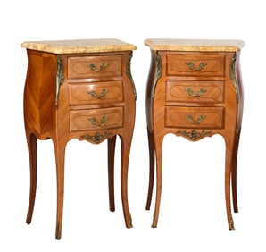 Pair of French Louis XV Style Ormolu Mounted Marble Top Parquetry Bombe Nightstands, 20th c., Each-