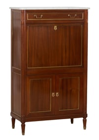 French Louis XVI Style Marble Top Walnut Secretaire a Abattant, 20th c., H.- 55 in., W.- 33 in., D.-
