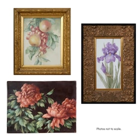 Three Floral Painted Porcelain Plaques, 20th c., Smallest Overall- H.- 11 /12 in., W.- 13 1/2 in.;